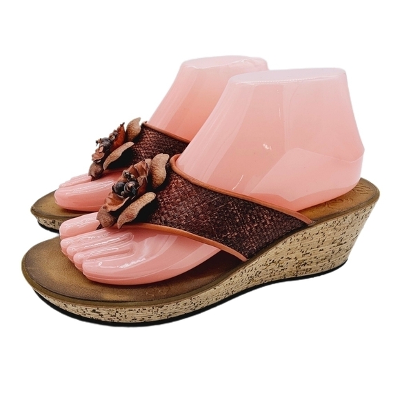 Clarks Shoes - Clarks Brown Raffia Flower Mimmey Claire Cork Wedge Slide Thong Sandals Size 8M
